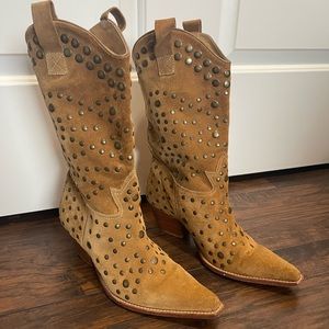 Bridget shuster gold suede leather cowgirl cowboy boots studded tan embellished
